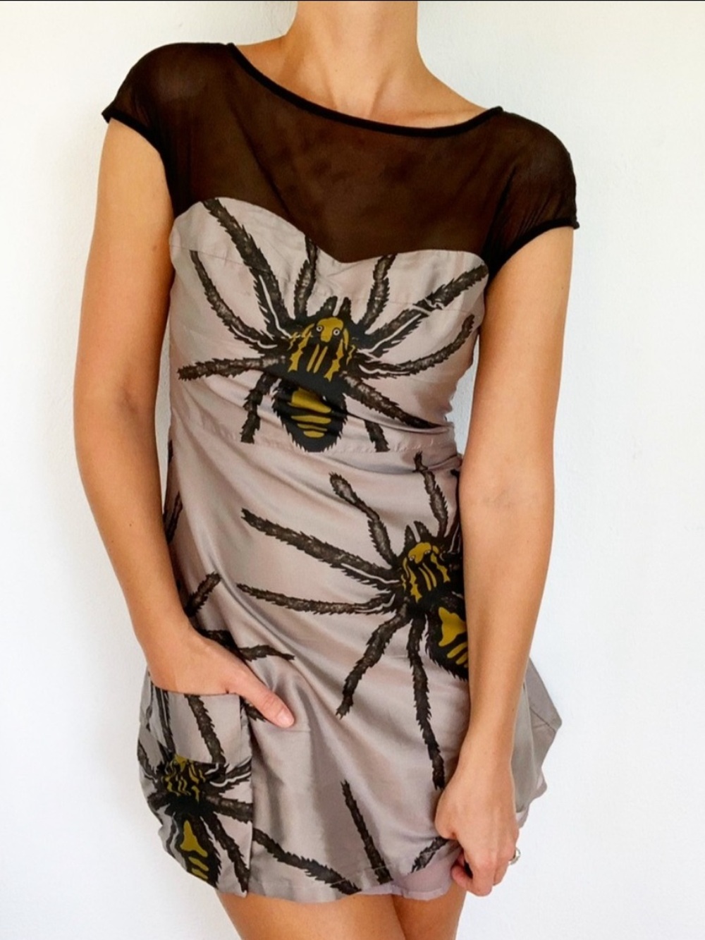 Vintage Miu Miu 100% silk spider print mesh neckline mini dress size small